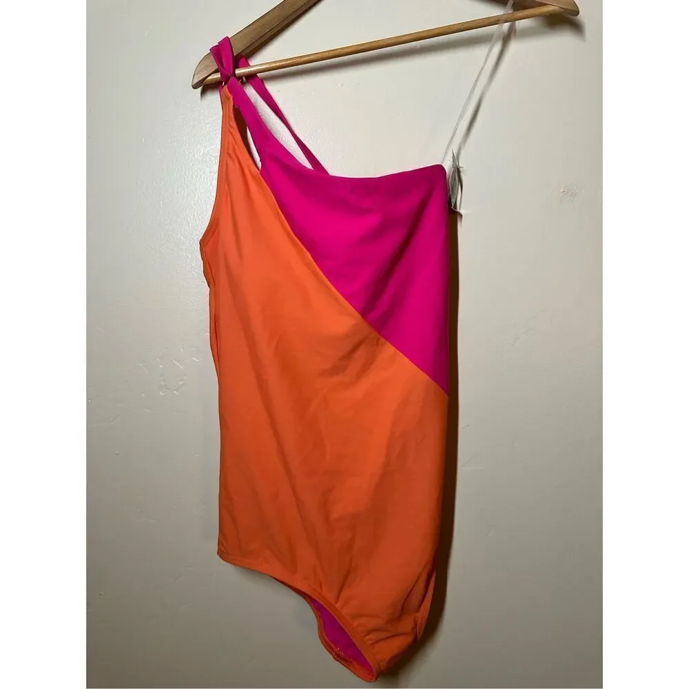 Lands' End Women's One Shoulder Swim One Piece - Pink and Orange
